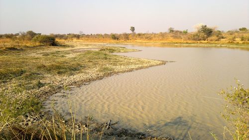 Scenic view of lake against clear sky