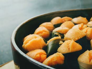 High angle view of vegetables in container on table