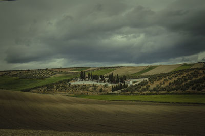 Scenic view of field against cloudy sky