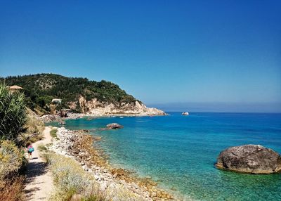 Scenic view of sea against clear blue sky