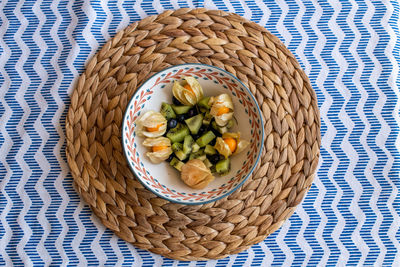 High angle view of fruit salad in basket