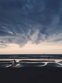 People on beach against sky during sunset