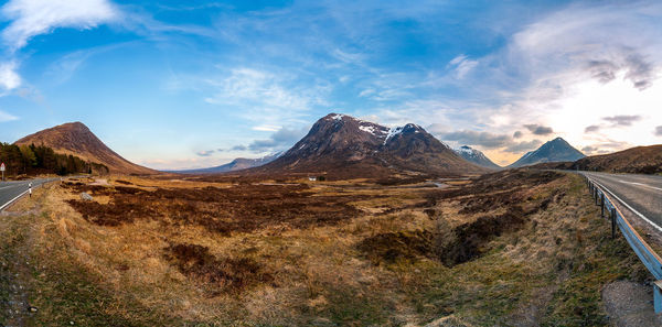 Panoramic view of landscape and mountains against sky