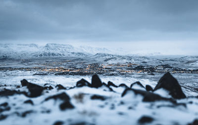 Where santa claus lives. a cute town nestled in between icelandic mountains.