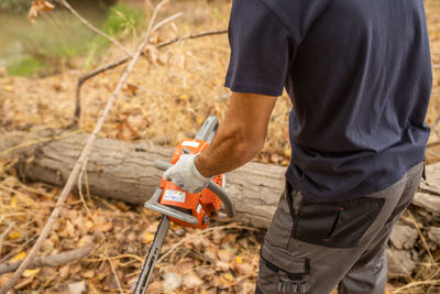 Midsection of man cutting tree trunk at forest