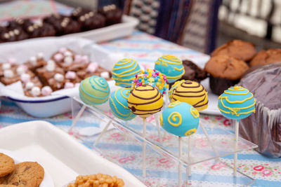 Variety of cake on table at store