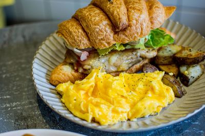 Close-up of sandwich served in plate