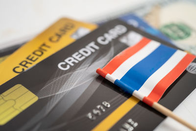 Close-up of credit cards on table