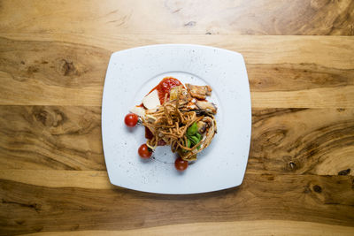 High angle view of food in plate on table