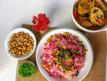 High angle view of salad in bowl on table