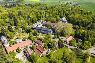 High angle view of trees and buildings