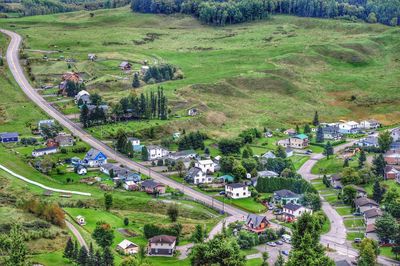 High angle view of trees and houses on field