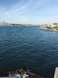 Scenic view of sea and cityscape against sky