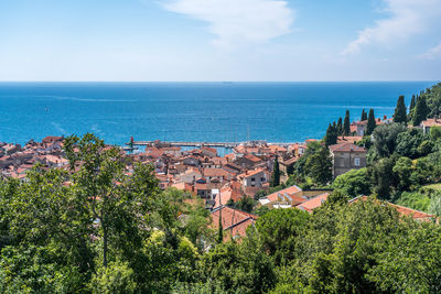 High angle view of sea and buildings against sky