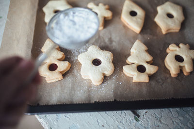 High angle view of baking sheet with cookies