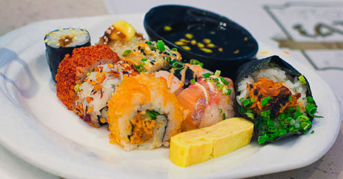 High angle view of meal served in plate