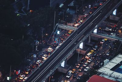 High angle view of traffic on road at night