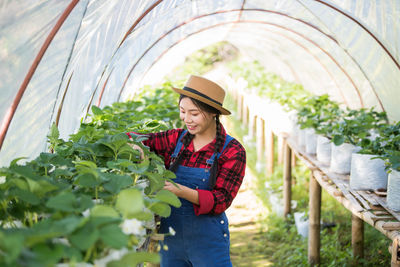 Young woman working at greenhouse