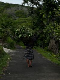 Rear view of woman walking on road