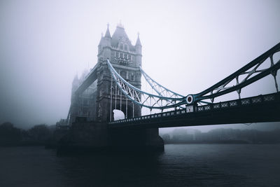 View of suspension bridge in foggy weather