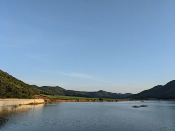 Scenic view of lake against clear blue sky