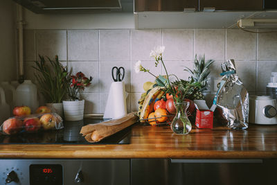 Vegetables on cutting board in the kitchen