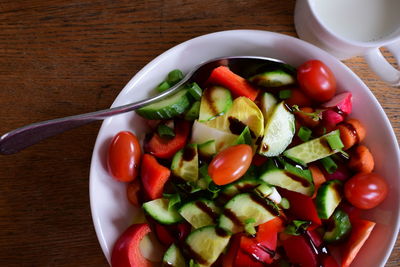 High angle view of salad in bowl on table