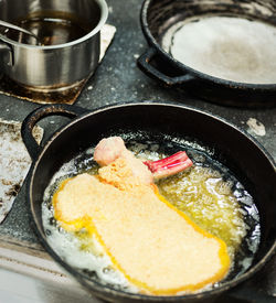 High angle view of breakfast in cooking pan