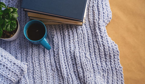 High angle view of coffee cup on table