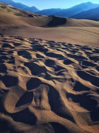 Scenic view of sand dune in desert against sky