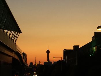 Low angle view of buildings at sunset