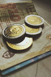 High angle view of coins on table