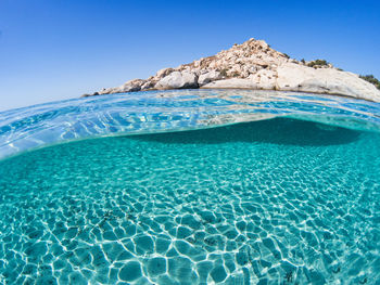 Scenic view of sea against clear blue sky