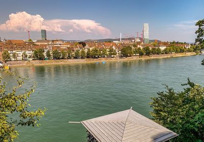 Buildings by rhine river against sky in basel