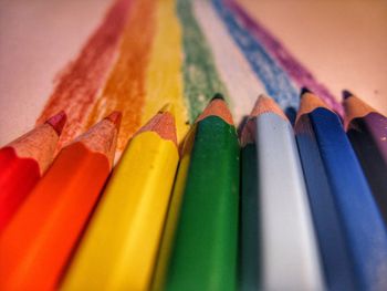 Close-up of colorful pencils on table