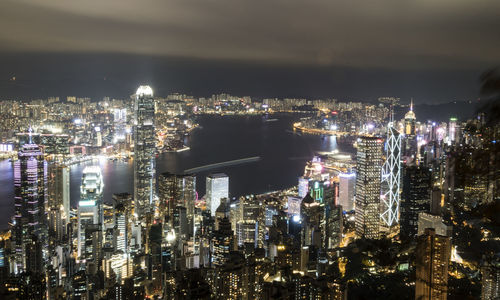 Illuminated cityscape against sky at night