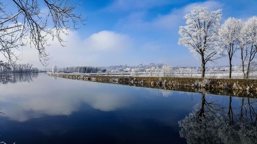 Scenic view of lake against sky during winter