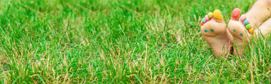 Low section of woman sitting on grass