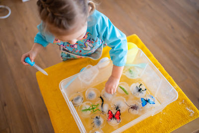 High angle view of boy painting on table