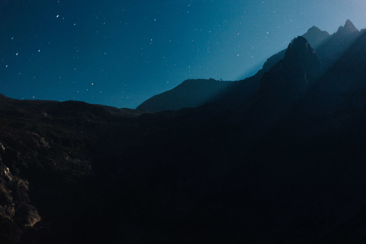 SILHOUETTE MAN AGAINST MOUNTAINS AT NIGHT