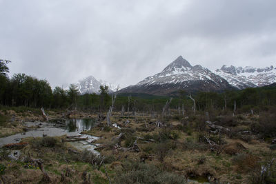 Scenic view of snowcapped mountains against sky