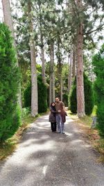 Rear view of man and woman on dirt road amidst trees