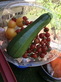 High angle view of fruits in container