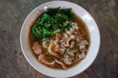 High angle view of soup in bowl on table