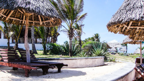 Close-up of lifeguard hut on beach against clear sky