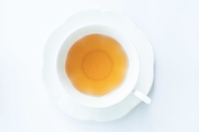 Directly above shot of tea cup against white background