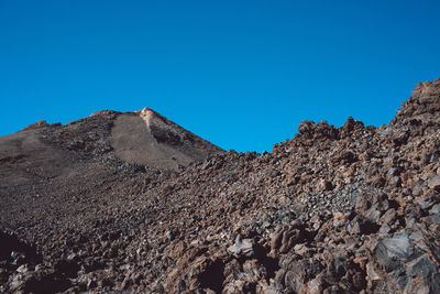 Low angle view of rock formation against clear blue sky