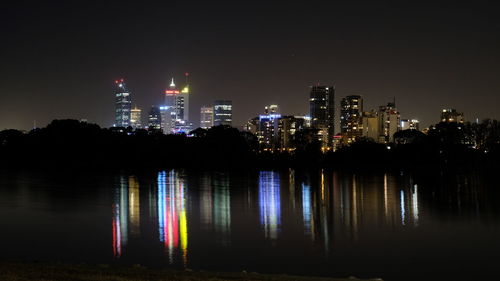 View of city lit up at night