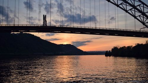 Bridge over river against sky during sunset