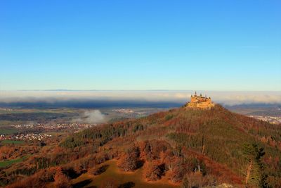 Aerial view of landscape against clear blue sky